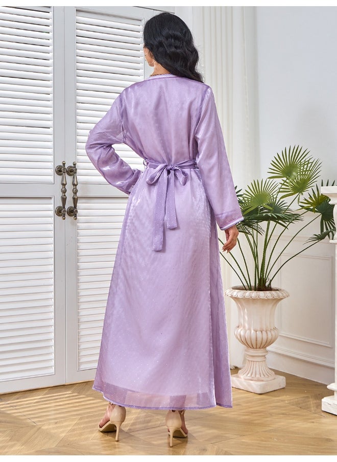 Violet Long Sleeve V-Neck Muslim Abaya with Rhinestone Embellishments – Two-Piece Dress Gown for Parties