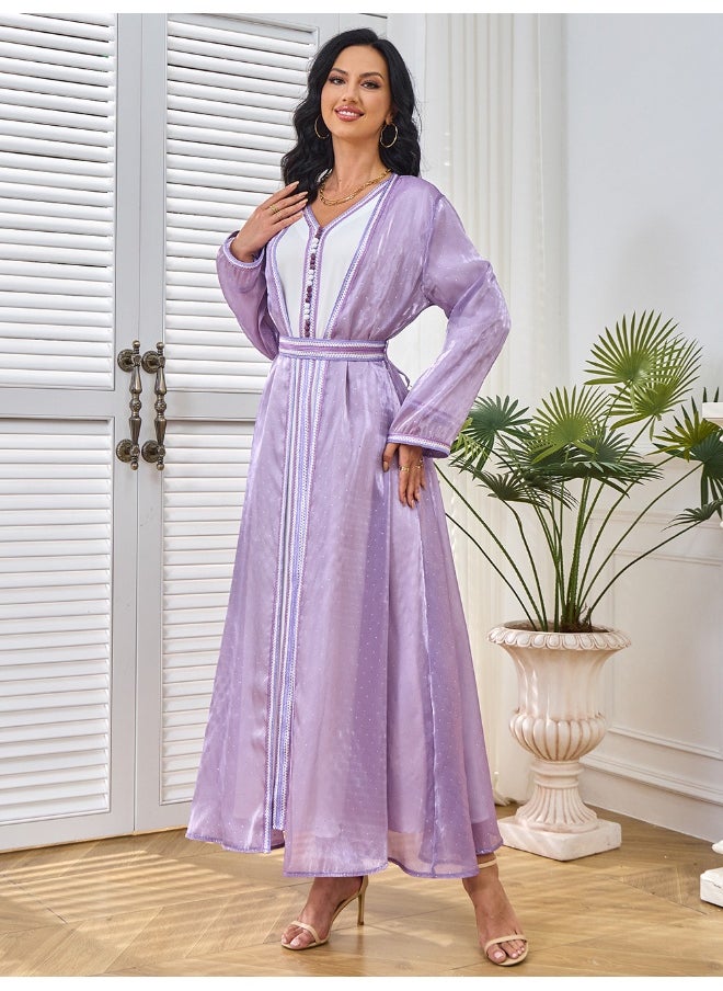 Violet Long Sleeve V-Neck Muslim Abaya with Rhinestone Embellishments – Two-Piece Dress Gown for Parties