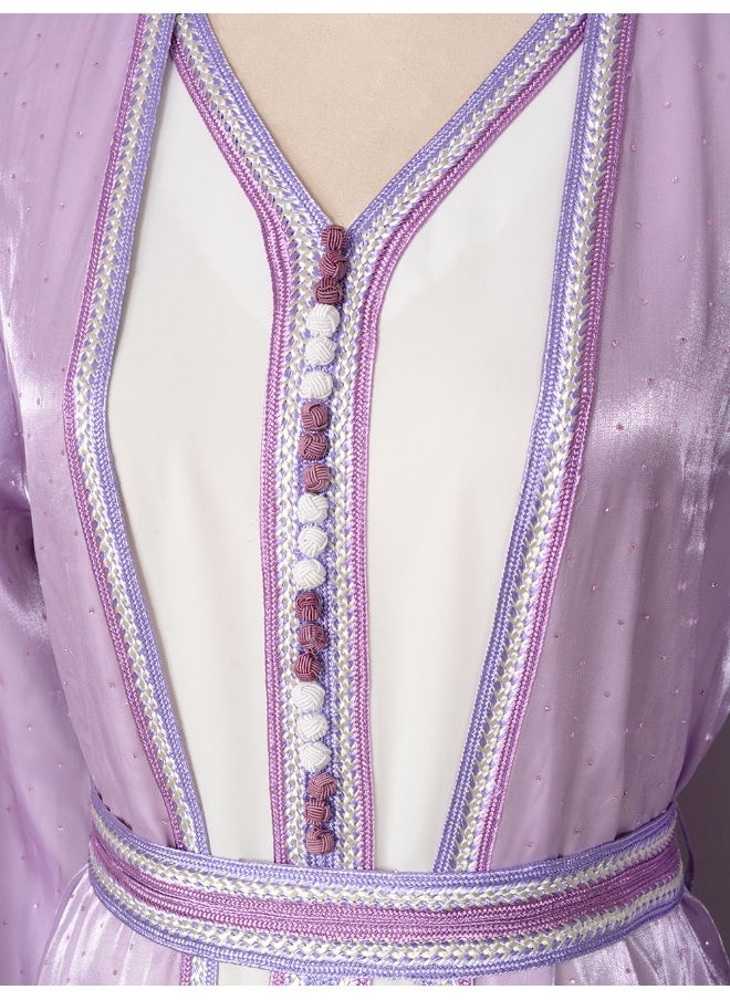 Violet Long Sleeve V-Neck Muslim Abaya with Rhinestone Embellishments – Two-Piece Dress Gown for Parties