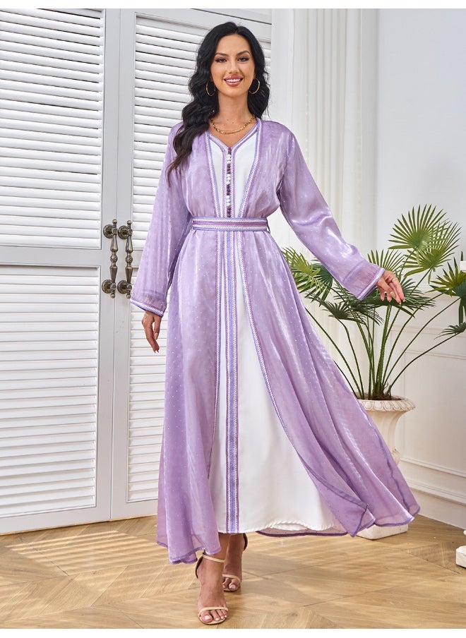 Violet Long Sleeve V-Neck Muslim Abaya with Rhinestone Embellishments – Two-Piece Dress Gown for Parties