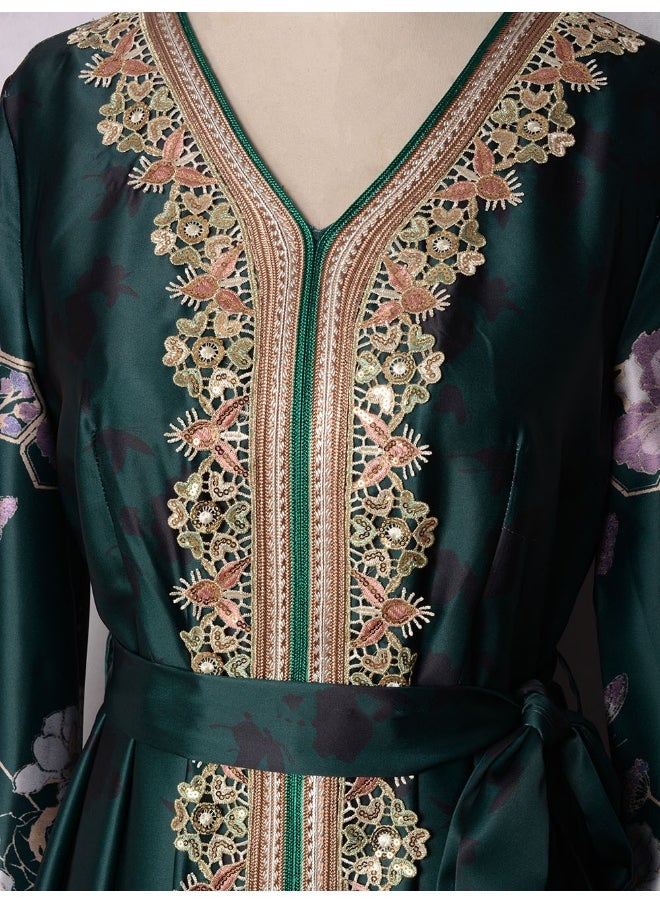 Dark Green Long Sleeve V-Neck Muslim Women's Long Dress Abaya