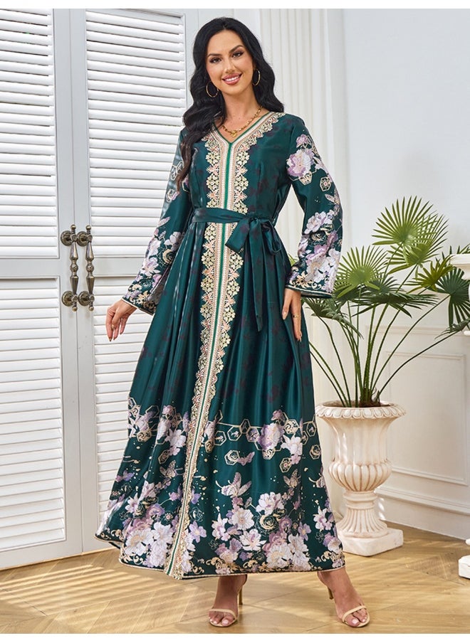 Dark Green Long Sleeve V-Neck Muslim Women's Long Dress Abaya