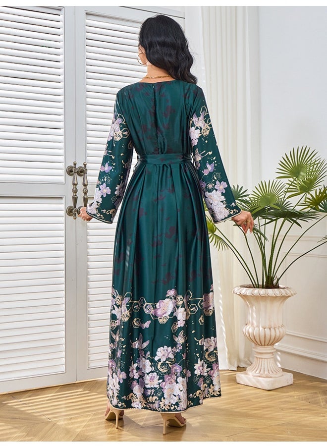 Dark Green Long Sleeve V-Neck Muslim Women's Long Dress Abaya