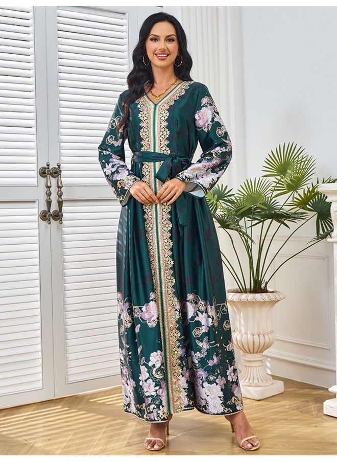 Dark Green Long Sleeve V-Neck Muslim Women's Long Dress Abaya