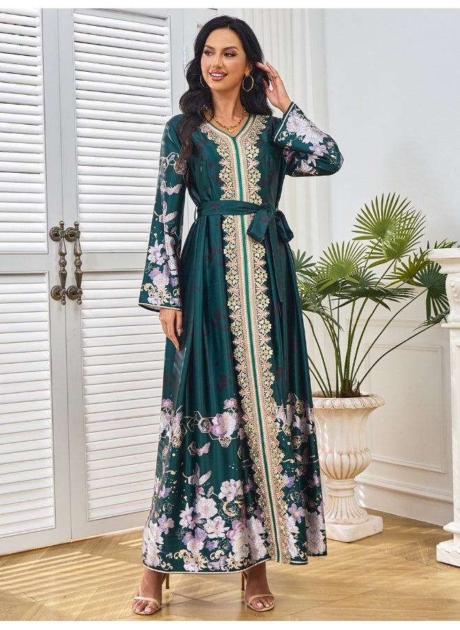 Dark Green Long Sleeve V-Neck Muslim Women's Long Dress Abaya