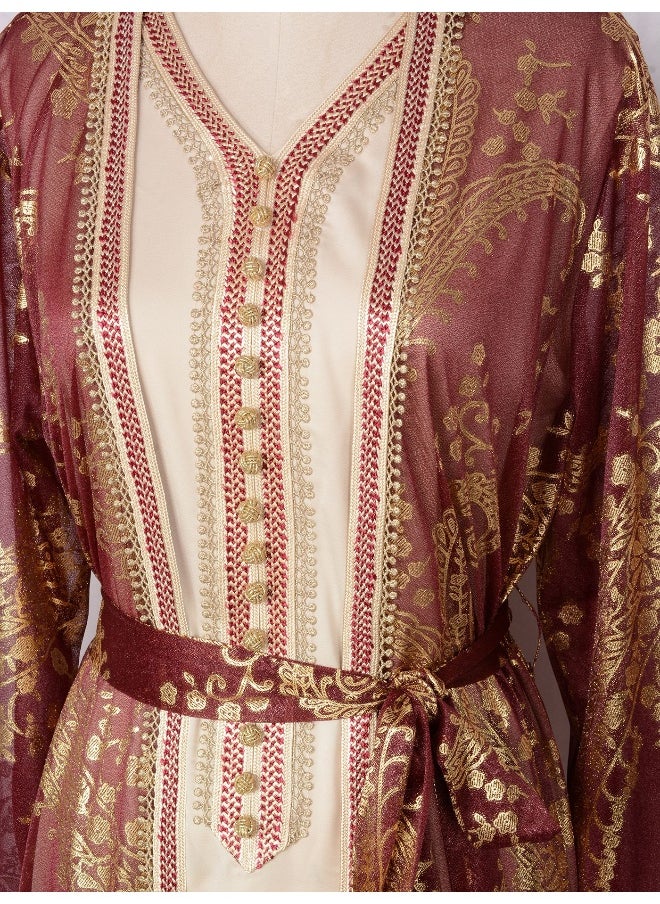 Red Long Sleeve V-Neck Cardigan Muslim Two-Piece Set with Gold Foil Dress Robe
