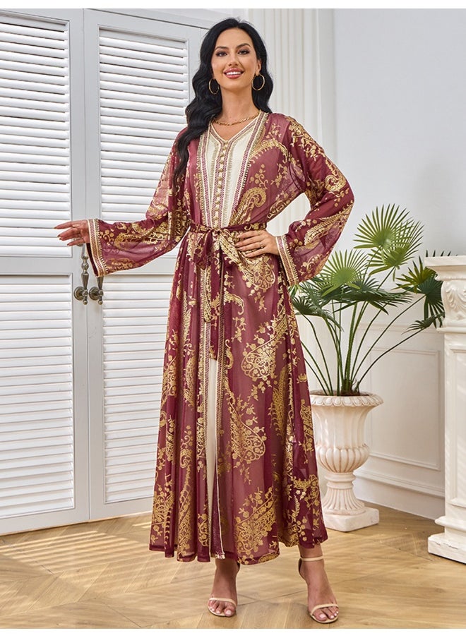 Red Long Sleeve V-Neck Cardigan Muslim Two-Piece Set with Gold Foil Dress Robe