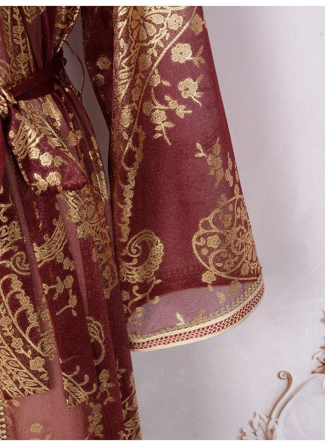 Red Long Sleeve V-Neck Cardigan Muslim Two-Piece Set with Gold Foil Dress Robe
