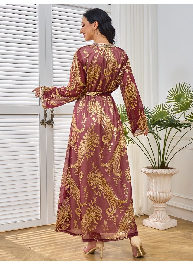 Red Long Sleeve V-Neck Cardigan Muslim Two-Piece Set with Gold Foil Dress Robe