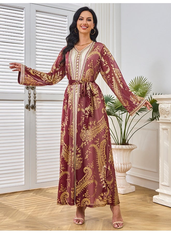 Red Long Sleeve V-Neck Cardigan Muslim Two-Piece Set with Gold Foil Dress Robe