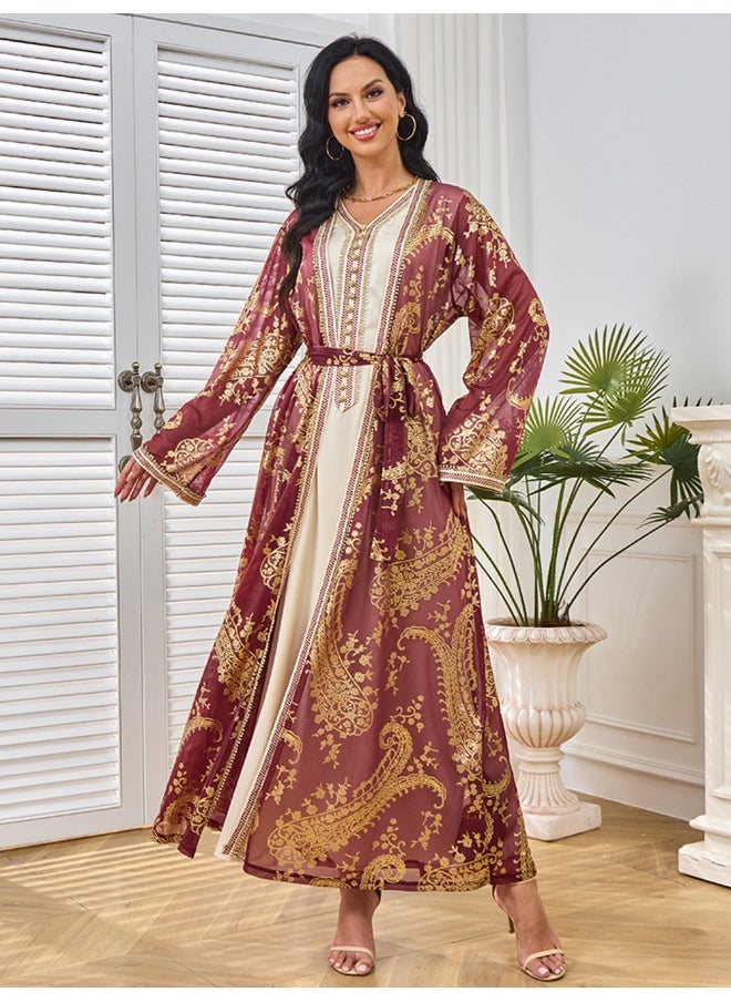 Red Long Sleeve V-Neck Cardigan Muslim Two-Piece Set with Gold Foil Dress Robe