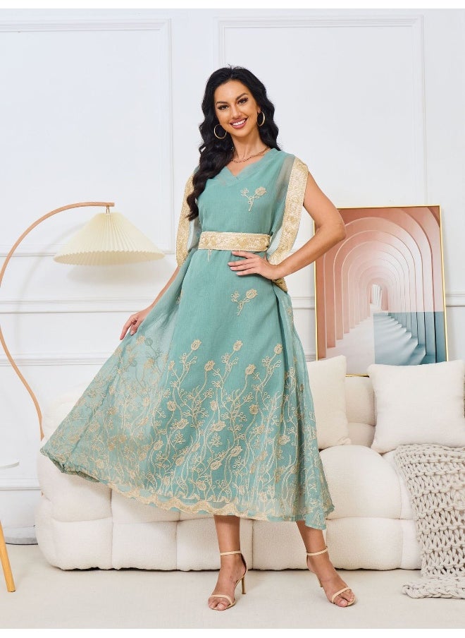 Light Green V-Neck Muslim Embroidered Maxi Dress Robe