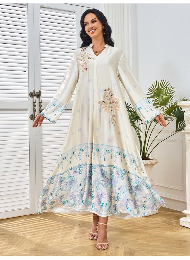 White Long Sleeve Collar Decorated Maxi Dress with Flared Skirt