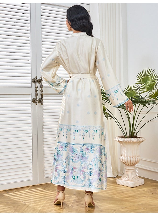 White Long Sleeve Collar Decorated Maxi Dress with Flared Skirt