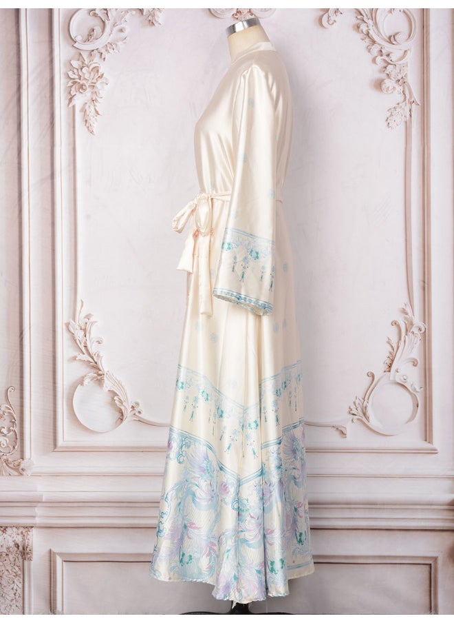White Long Sleeve Collar Decorated Maxi Dress with Flared Skirt