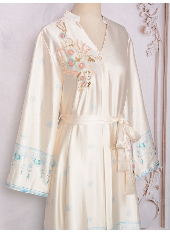 White Long Sleeve Collar Decorated Maxi Dress with Flared Skirt