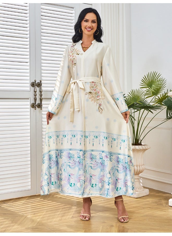 White Long Sleeve Collar Decorated Maxi Dress with Flared Skirt