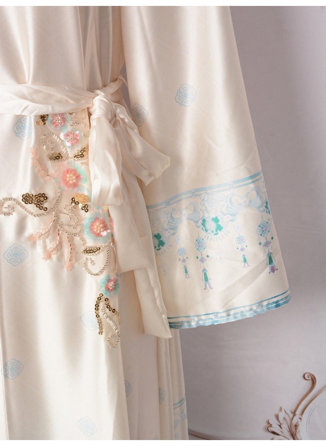White Long Sleeve Collar Decorated Maxi Dress with Flared Skirt