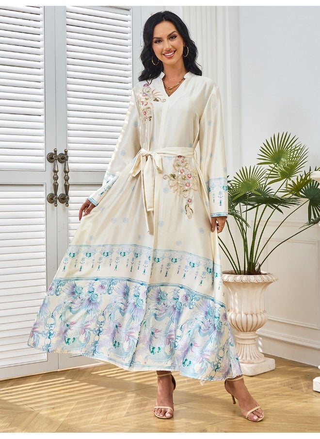 White Long Sleeve Collar Decorated Maxi Dress with Flared Skirt