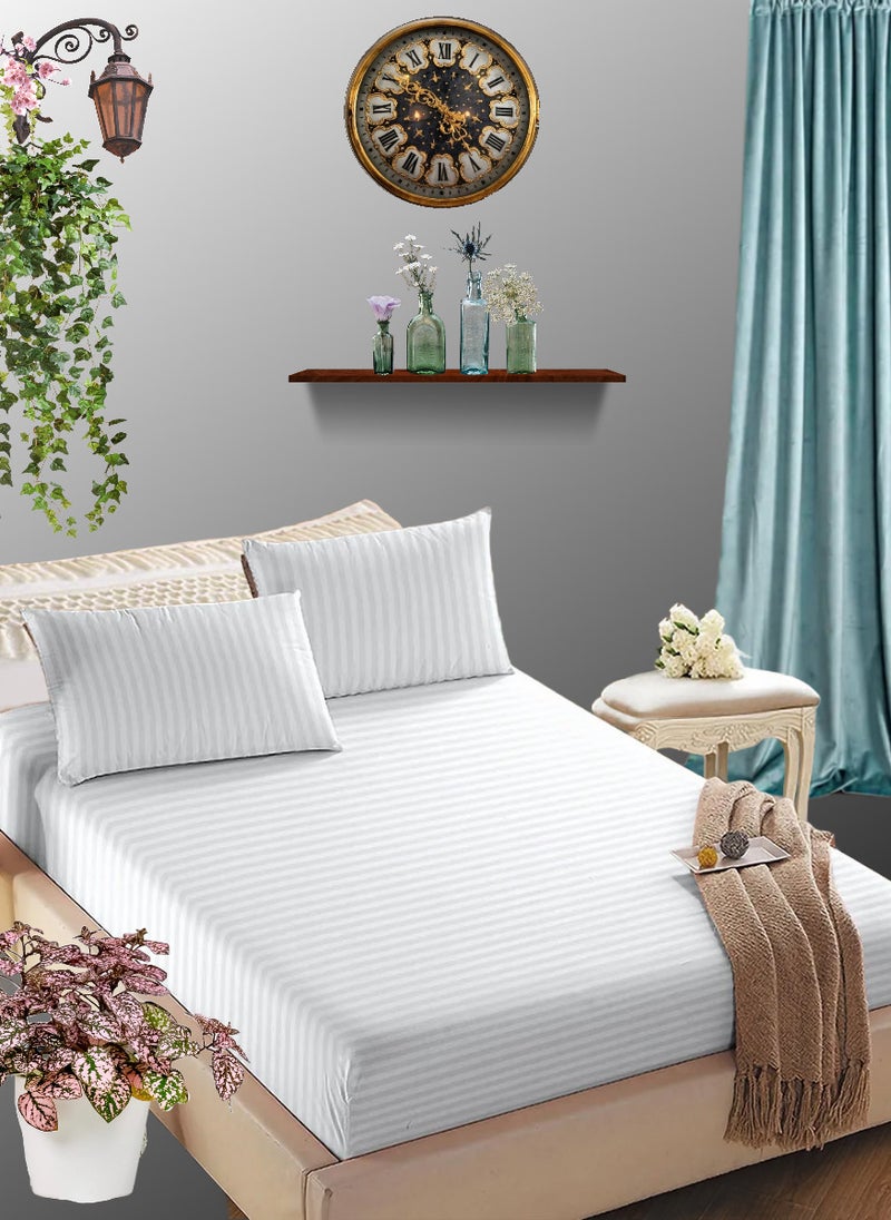 White Striped Sheet Set Deep Pockets Machine Washable Soft Cotton200x200+20cm