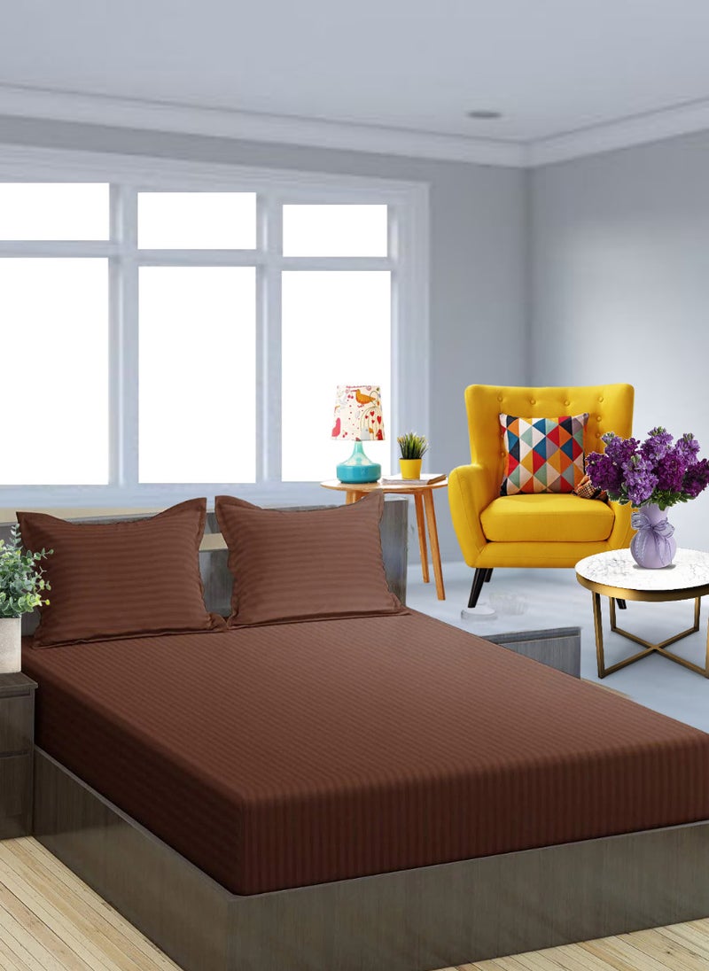 Brown King Size Stripe Deep Pocket Bed Sheet Set Cotton 200x200+20cm