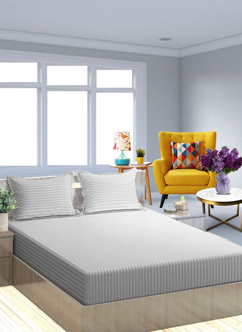 Silver King Size Stripe Bed Sheet Set Cotton 200x200+20cm