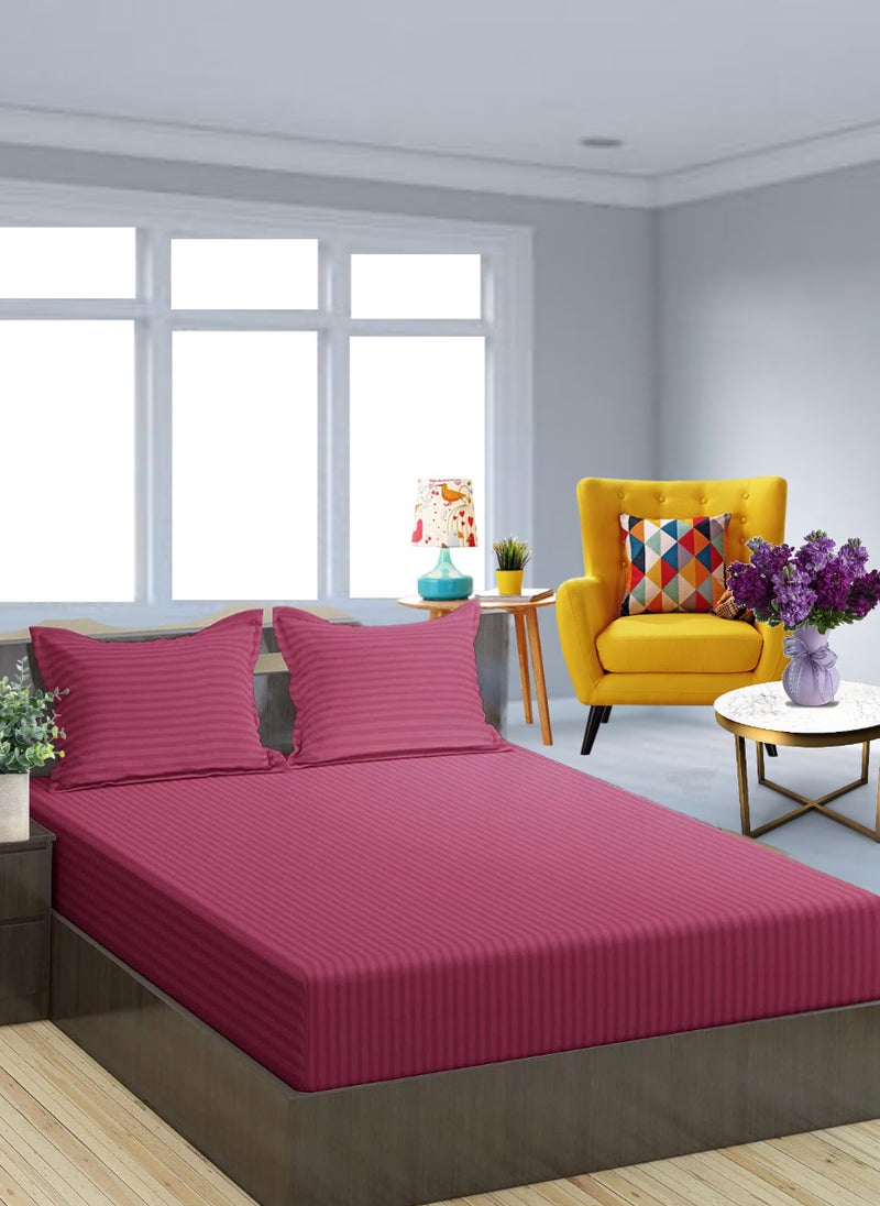 Maroon Striped Bed Sheet Sets Cotton 3 Piece Set Deep Pocket 200x200+20cm