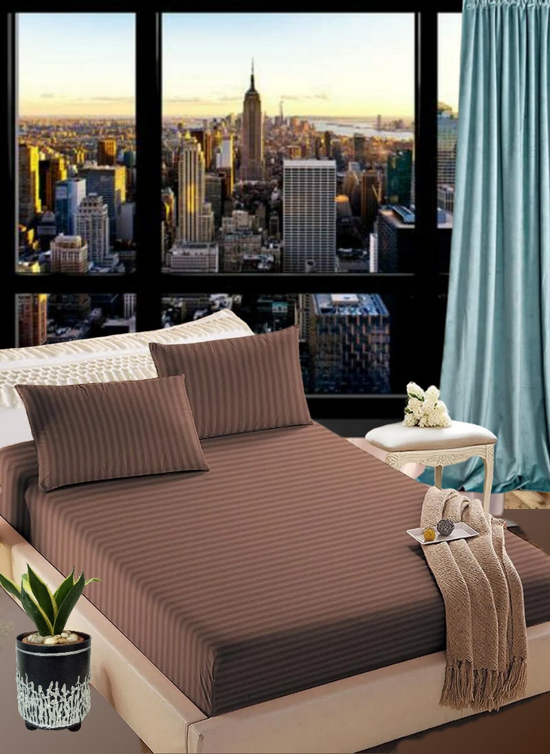 Pastel Brown Queen Size Stripe Deep Pocket Bed Sheet Set Cotton 180x200+20cm