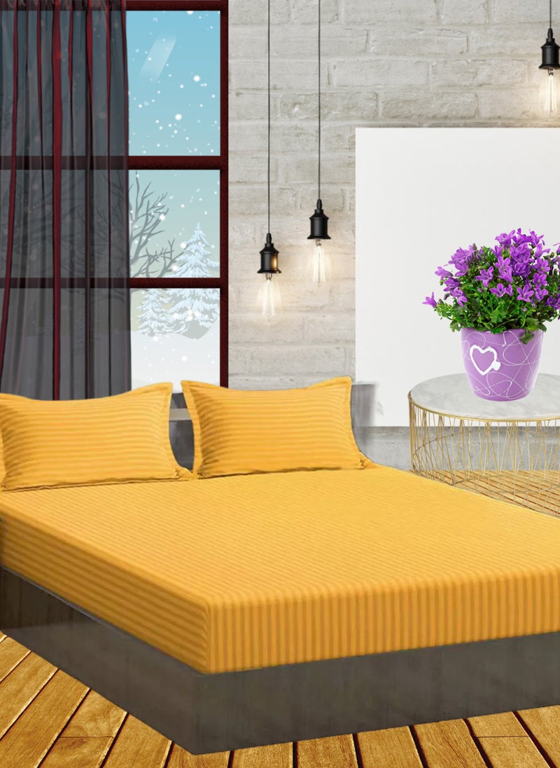 Golden Striped Queen Bed Sheet Sets Cotton 3 Piece Set Deep Pocket 180x200+35cm