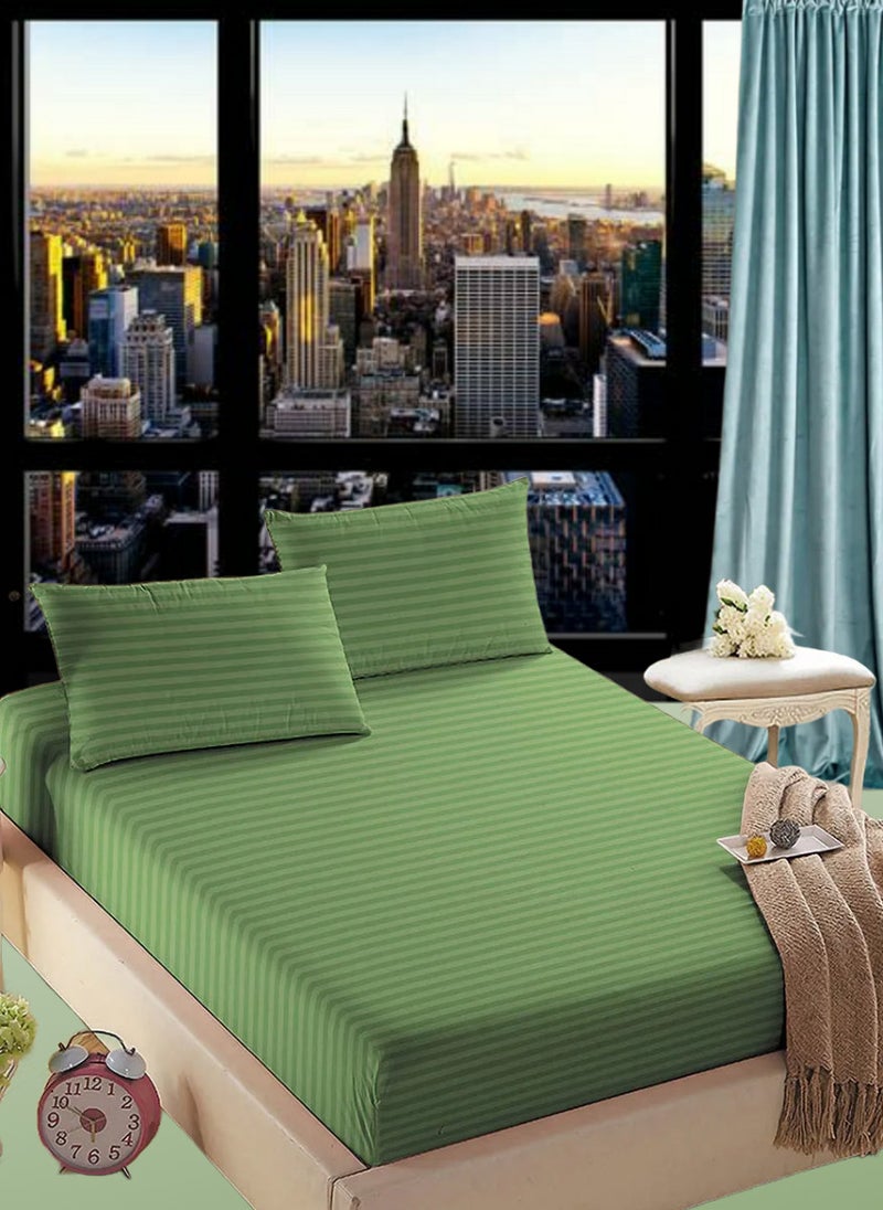 Faded Green Striped Sheets Set Deep Pockets Machine Washable Soft Cotton150x200+25cm