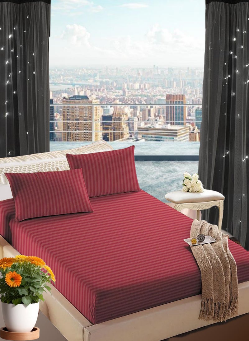 Maroon Striped Double Bed Sheet Sets Cotton 3 Piece Set Deep Pocket 150x200+20cm