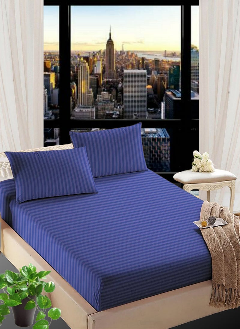 Navy Blue Double Size Striped Bed Sheet Set Cotton 150x200+25cm