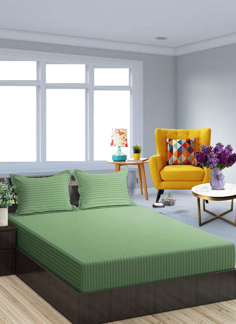 Faded Green Striped Double Size Sheet Set Deep Pockets Machine Washable 150x200+20cm