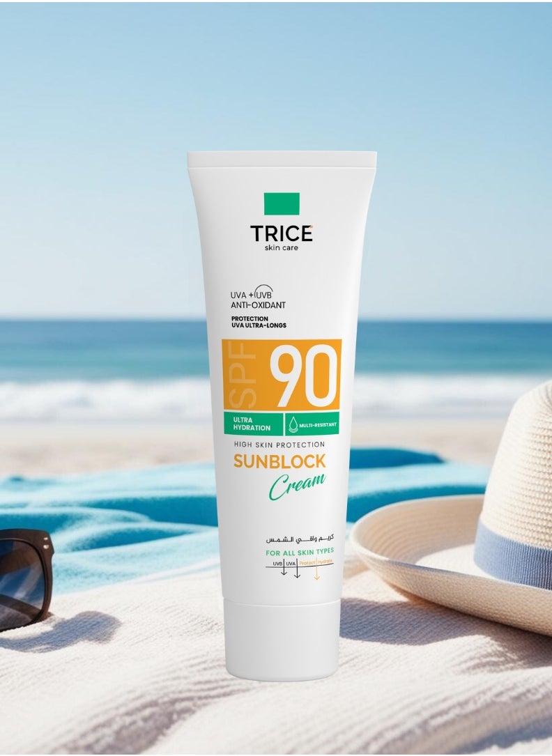 Trice Sunscreen Cream SPF 90 | Broad Spectrum UVA + UVB Protection | Moisturizing, Non-Greasy Formula | Water-Resistant & Antioxidant | 100 ml