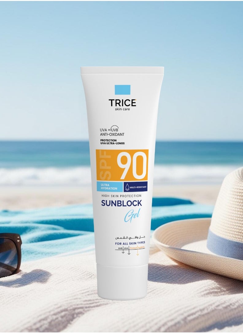 Trice Sunscreen Gel SPF 90 | Broad Spectrum UVA + UVB Protection | Lightweight, No White Cast | Ultra Hydrating & Multi-Resistant | 100 ml