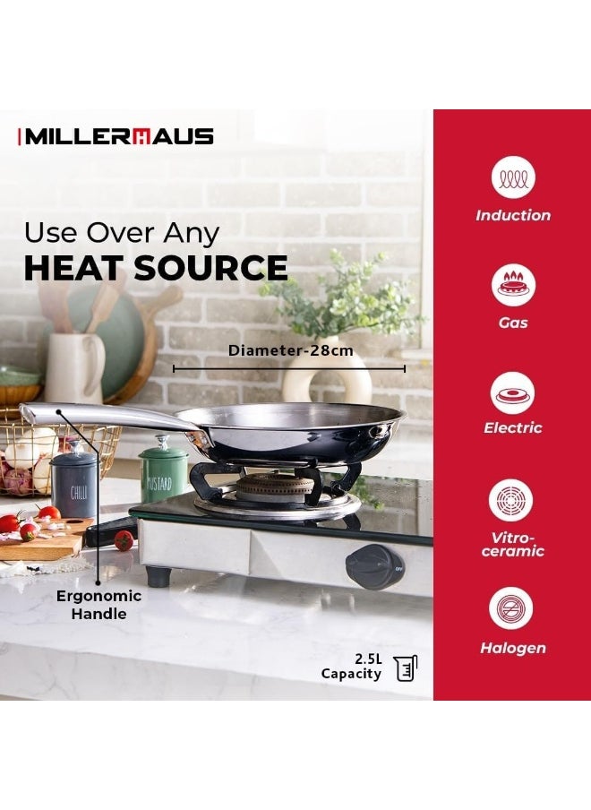 Millerhaus Tri-Ply Frypan 28cm Stainless Steel, 18/10 Frying Pan, PFOA Free Dishwasher Safe Skillet, Stainless Steel Handle Cookware - Silver