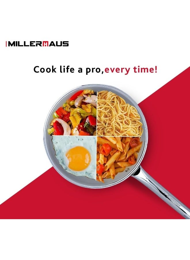 Millerhaus Tri-Ply Frypan 22cm Stainless Steel, 18/10 Frying Pan, PFOA Free Dishwasher Safe Skillet, Stainless Steel Handle Cookware - Silver