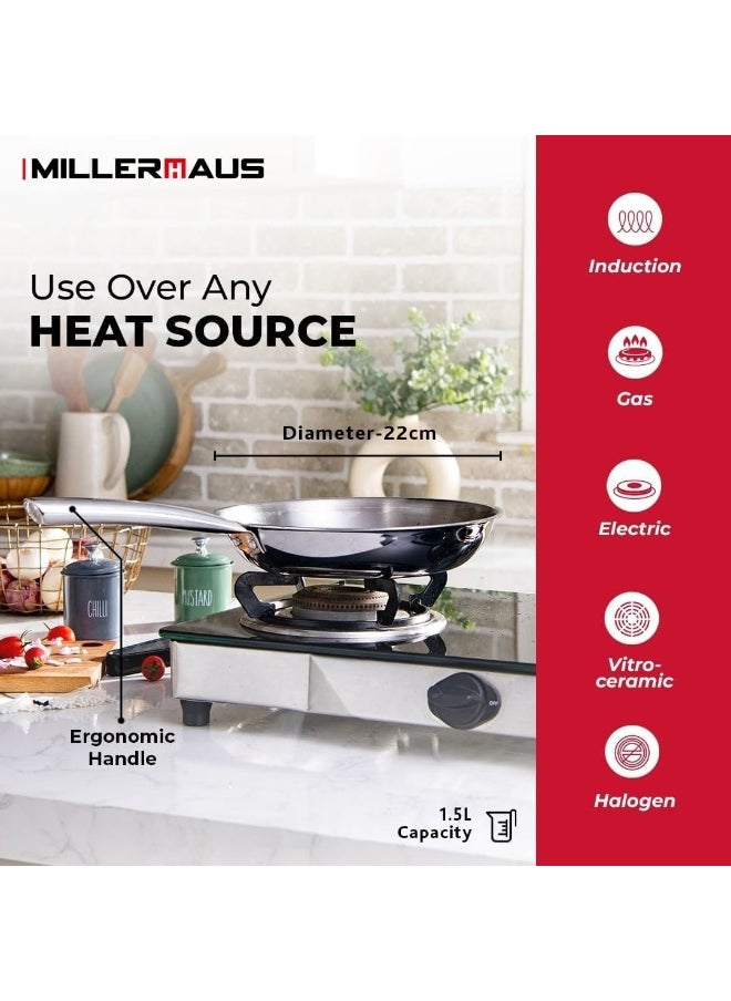 Millerhaus Tri-Ply Frypan 22cm Stainless Steel, 18/10 Frying Pan, PFOA Free Dishwasher Safe Skillet, Stainless Steel Handle Cookware - Silver