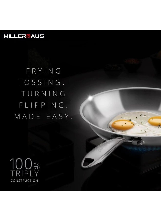 Millerhaus Tri-Ply Frypan 22cm Stainless Steel, 18/10 Frying Pan, PFOA Free Dishwasher Safe Skillet, Stainless Steel Handle Cookware - Silver
