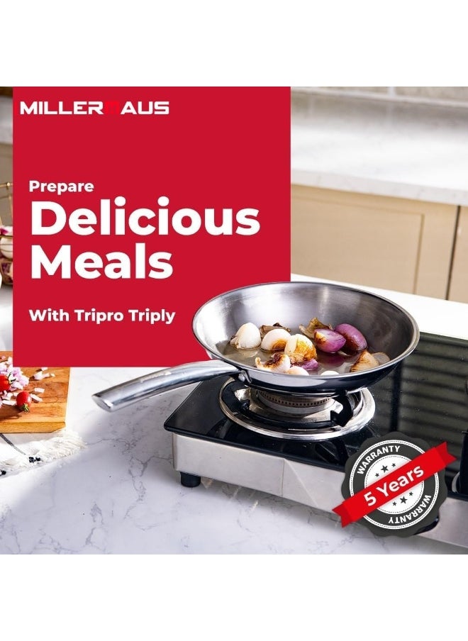 Millerhaus Tri-Ply Frypan 22cm Stainless Steel, 18/10 Frying Pan, PFOA Free Dishwasher Safe Skillet, Stainless Steel Handle Cookware - Silver