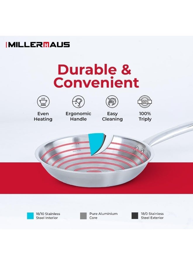 Millerhaus Tri-Ply Frypan 22cm Stainless Steel, 18/10 Frying Pan, PFOA Free Dishwasher Safe Skillet, Stainless Steel Handle Cookware - Silver