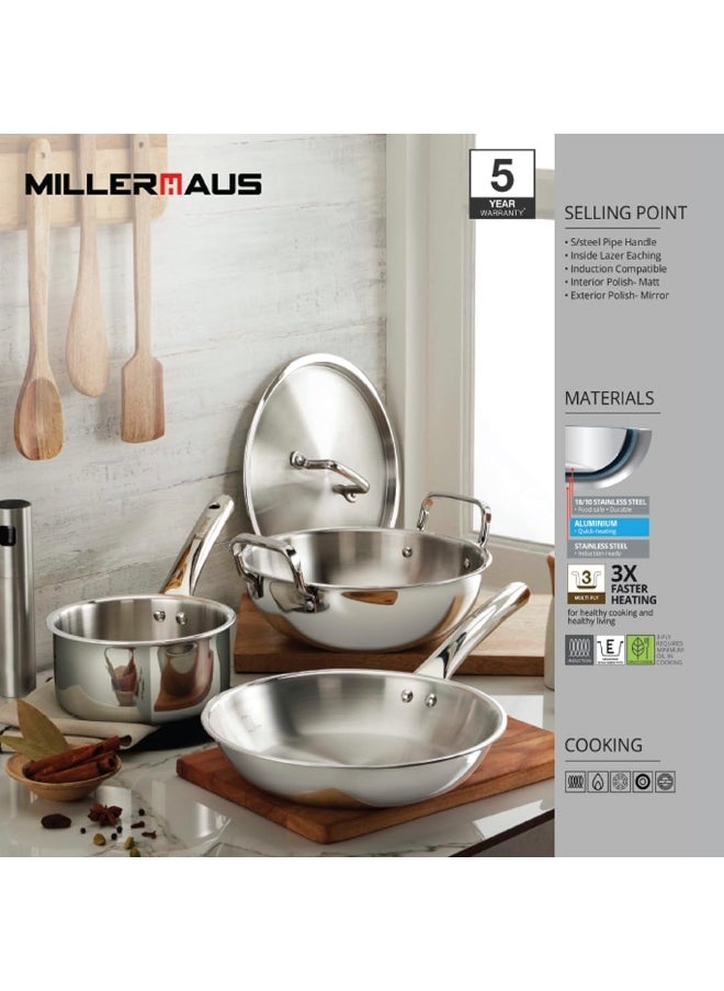 Millerhaus Tri-Ply Frypan 22cm Stainless Steel, 18/10 Frying Pan, PFOA Free Dishwasher Safe Skillet, Stainless Steel Handle Cookware - Silver