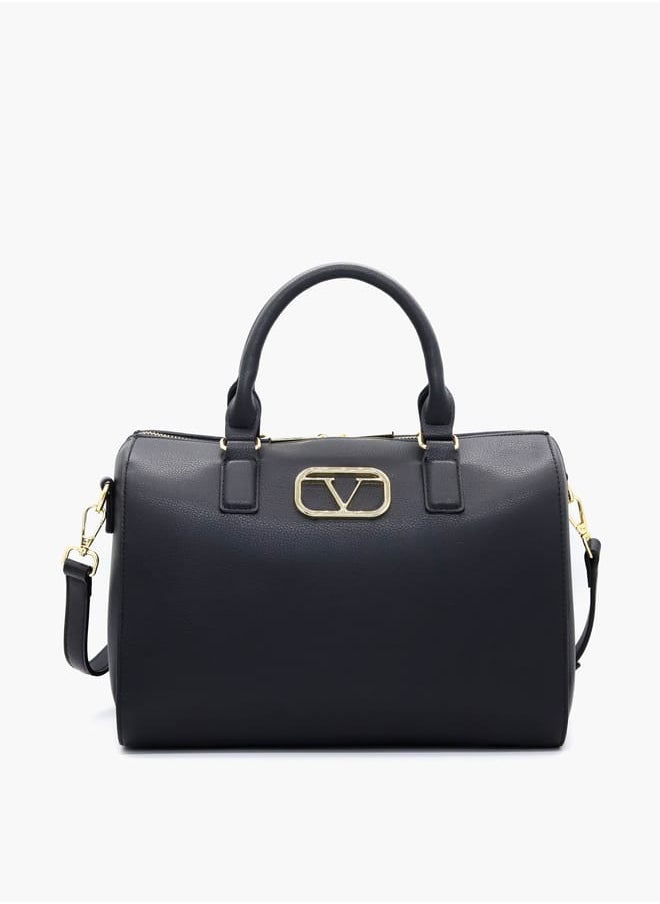 Solid Tote Bag with Detachable Strap and Zip Closure