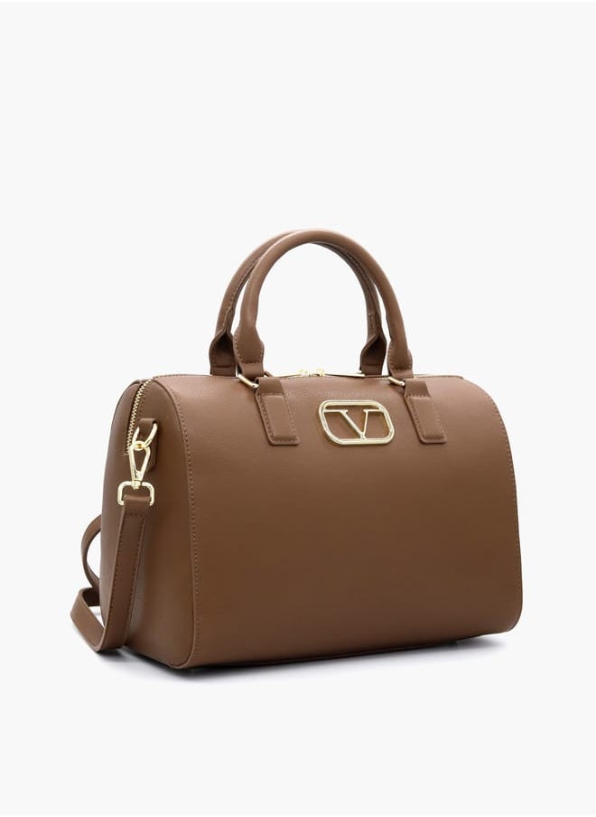 Solid Tote Bag with Detachable Strap and Zip Closure