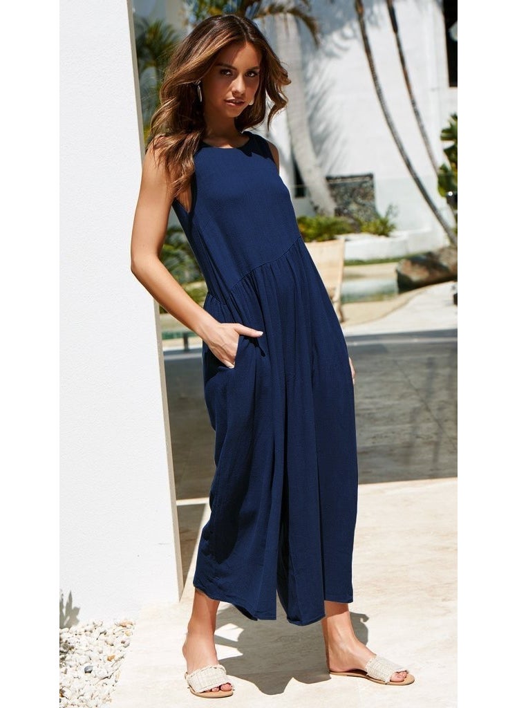 Linen Summer Casual Backless Casual Women's Jumpsuit LN212LACIVERT9