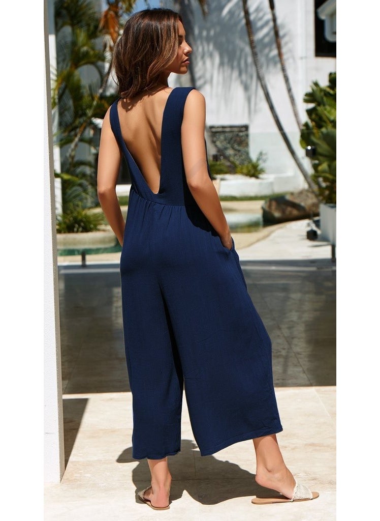 Linen Summer Casual Backless Casual Women's Jumpsuit LN212LACIVERT9