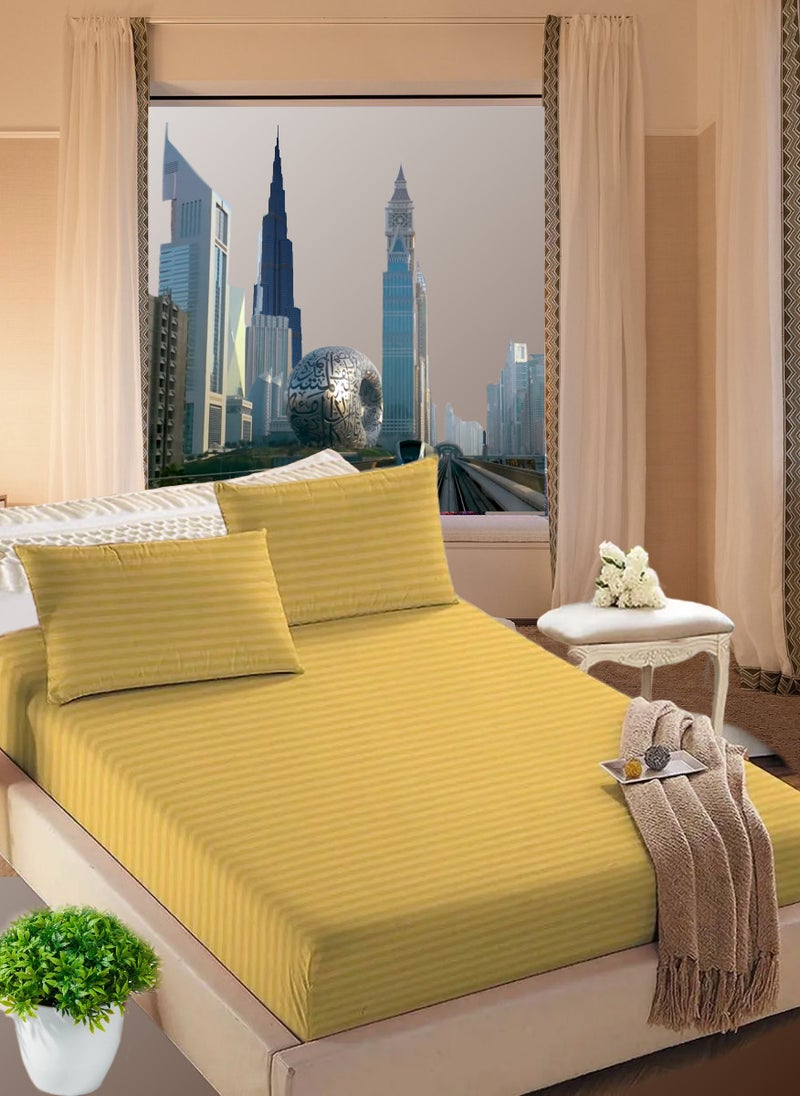Golden Striped King Size Sheet Set Deep Pockets Machine Washable 200x200+20cm
