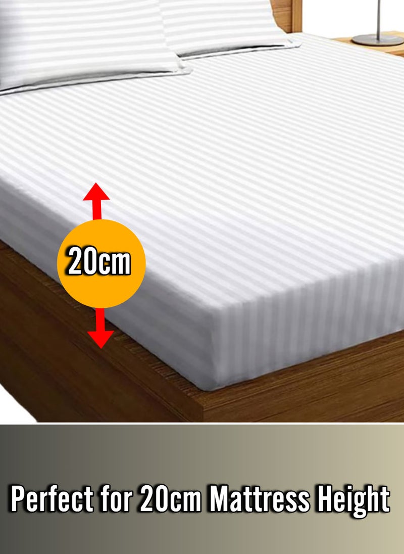 White Queen Size Stripe Deep Pocket Bed Sheet Set Cotton 180x200+20cm