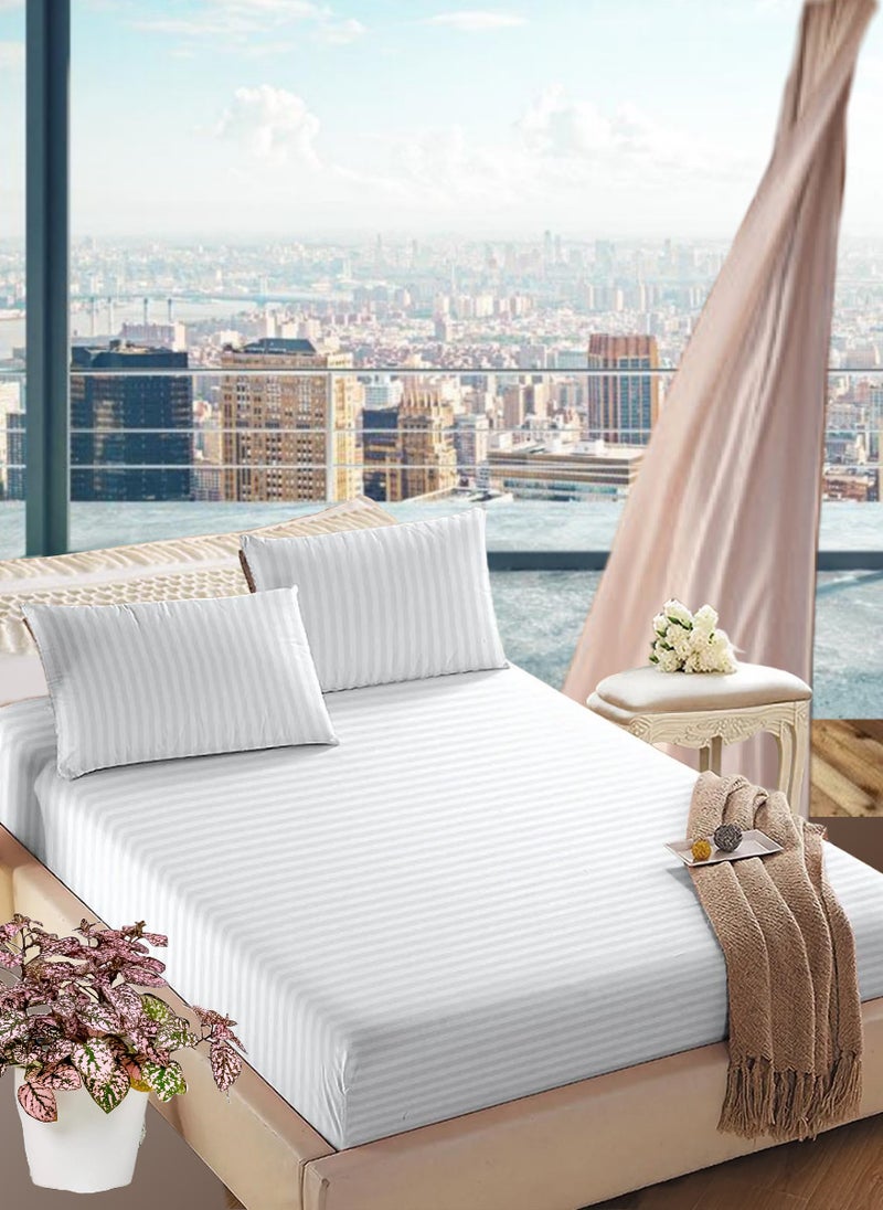 White Deep Pocket Double Size Striped Bed Sheet Set Cotton 150x200+20cm