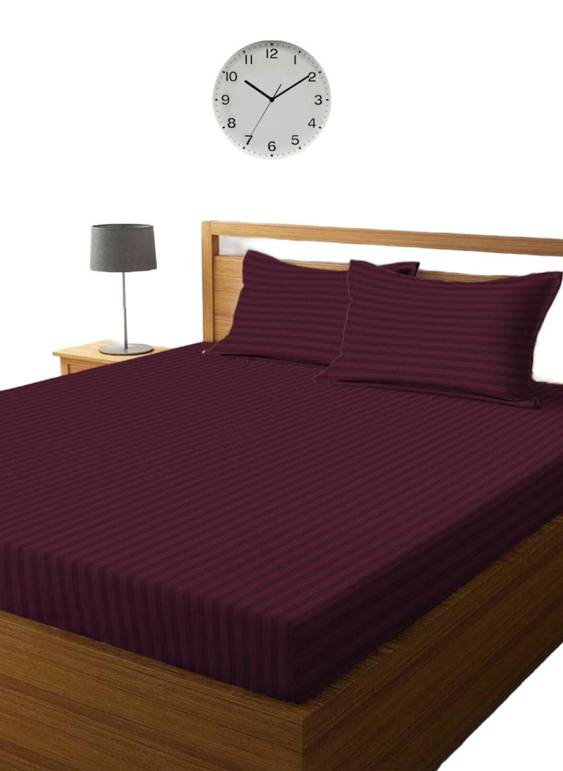 Wine Berry Striped Cotton Bed Sheet Sets 3 Piece Set Deep Pocket 180x200+20cm
